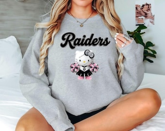 Lindo gatito Hola Raiders fútbol, Sudadera de cuello redondo, Bordado con efecto ilusión
