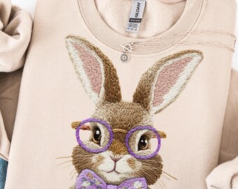 Sudadera de conejito de Pascua estilo vintage, efecto ilusión bordado