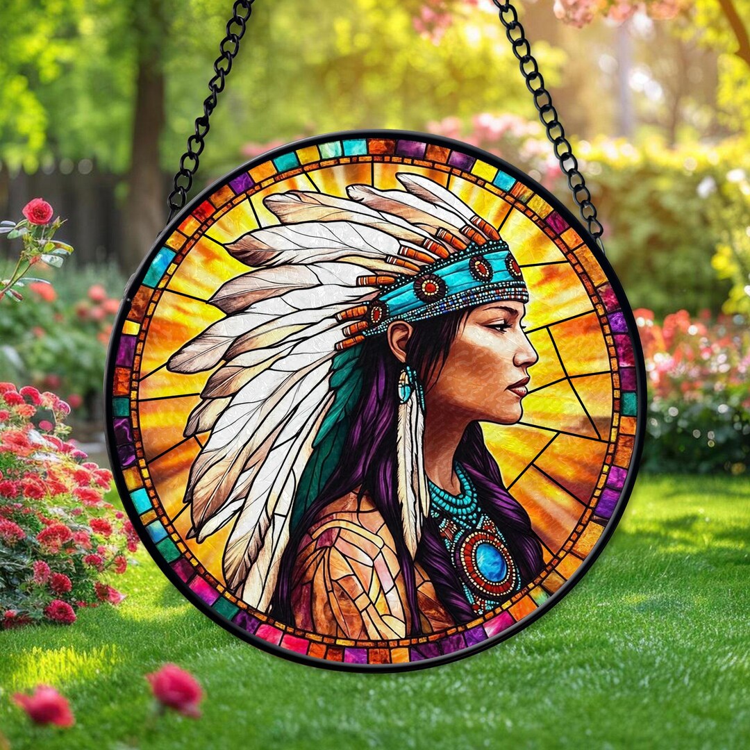 Native American Woman Faux Stained Glass Window Hanging, Handcrafted ...