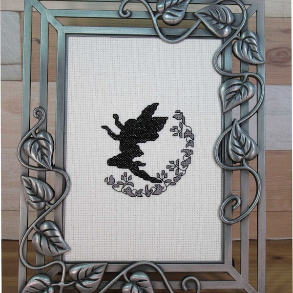 Fairy Silhouette Completed/Finished Counted Cross Stitch, Aida 14 count White & DMC Thread, Black White Charcoal 2020