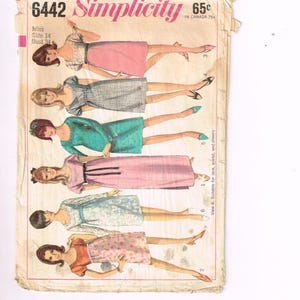 May include: Vintage Simplicity sewing pattern, number 6442, featuring illustrations of dresses. The pattern includes sizes for Misses, bust 34, and size 14. The price is 65 cents, and 75 cents in Canada. The pattern is suitable for lace, eyelet, and sheers.