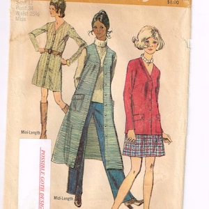May include: Vintage Simplicity sewing pattern featuring three fashion illustrations. The pattern includes a mini-length dress, a midi-length coat, and a mini-length skirt suit. The pattern number is 8974.