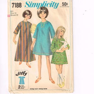 May include: Vintage Simplicity sewing pattern 7188 for girls, size 14, breast 32. The pattern features illustrations of three girls wearing dresses. The pattern includes the Jiffy logo and text that reads "easy cut - easy sew".