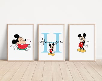 Juego de 3 láminas personalizadas de Mickey Mouse, decoración de dormitorio infantil de Disney, lámina de arte mural de Mickey, regalo de Mickey Mouse para niños.