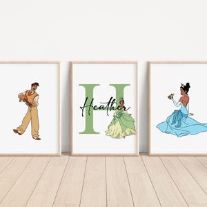 Lot de 3 gravures personnalisées La princesse et la grenouille, décoration de chambre à coucher pour chambre d'enfant Disney, oeuvre d'art murale Tiana pour chambre d'enfant, cadeaux pour enfants Naveen