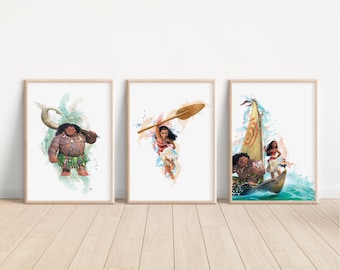 Moana Watercolour Disney Print, Disney Maui Bedroom Decor, Tamatoa Nursery Wall Art, Pua Posters, Moana Motunui Gift Print, Hei Hei Art
