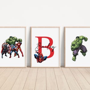 3er Set Personalisierte Marvel Avengers Name Prints, Disney Pixar Schlafzimmer Dekor, Kinder Kinderzimmer Wandkunst, Superheld Kinderzimmer Dekor