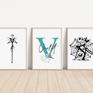 May include: Three framed prints featuring black and white illustrations of characters from the Nightmare Before Christmas. The first print shows Jack Skellington, the second print shows the letter V with the name "Violet" written in cursive, and the third print shows Jack Skellington in a spider web.