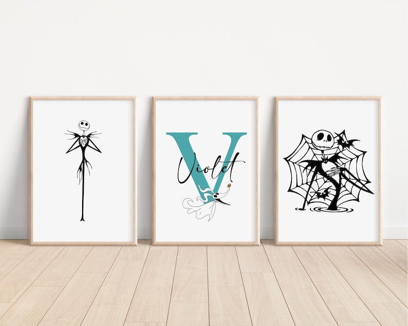May include: Three framed prints featuring black and white illustrations of characters from the Nightmare Before Christmas. The first print shows Jack Skellington, the second print shows the letter V with the name "Violet" written in cursive, and the third print shows Jack Skellington in a spider web.