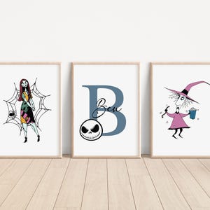 May include: Three framed prints featuring characters from the Nightmare Before Christmas. The left print shows Sally, the middle print shows the letter B with the name Ben, and the right print shows Oogie Boogie.