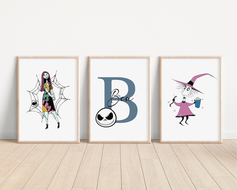 May include: Three framed prints featuring characters from the Nightmare Before Christmas. The left print shows Sally, the middle print shows the letter B with the name Ben, and the right print shows Oogie Boogie.