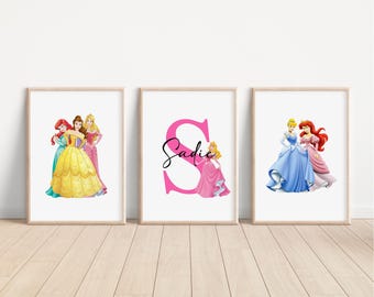 SET OF 3 Personalised  Princess Prints, Disney Bedroom Decor, Kids Nursery Wall Art, Ariel Frozen Posters, Moana Rapunzel Gift Print Art,