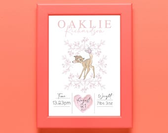 Personalisierter Tag, an dem du geboren wurdest Bambi Schmetterling Disney Geburt Druck, Bambi Baby Kinderzimmer Dekor, Bambi Wandkunst, Bambi Neugeborenen Baby Geschenke