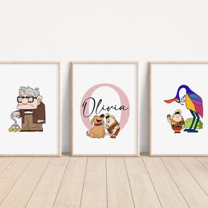 ZESTAW 3 SPERSONALIZOWANYCH DRUKÓW, Dekoracje do sypialni Disney Pixar, Sztuka ścienna do pokoju dziecięcego, Prezenty Carla Fredricksena, Grafika ścienna Russel