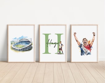 May include: Three framed prints with a watercolor style. The first print shows a blue and white stadium. The second print shows a green letter H with the name Hugo written in black. The third print shows a person in a soccer uniform with their arms raised in celebration.