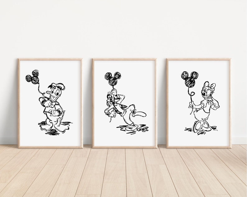 Mickey Mouse Prints, Disney Nursery Decor, Pluto Illustration, Minnie