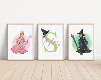 Juego de 3 láminas personalizadas de bruja malvada, decoración de dormitorio de Elephaba Glinda, regalos de fantasía, arte mural musical, arte de recuerdo de bruja