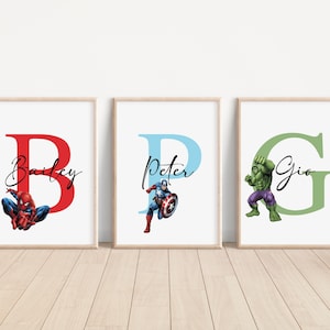 Impresiones de letras y nombres de Marvel Avengers personalizadas, decoración de dormitorio de Disney Pixar, arte de pared para guardería infantil, decoración de guardería de superhéroes