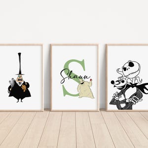 May include: Three framed prints featuring characters from the Nightmare Before Christmas. The first print shows the character Oogie Boogie, the second print shows the character Jack Skellington with the name "Shaun" written in cursive, and the third print shows the character Jack Skellington.