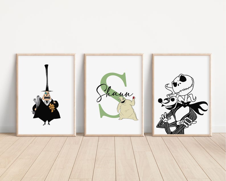 May include: Three framed prints featuring characters from the Nightmare Before Christmas. The first print shows the character Oogie Boogie, the second print shows the character Jack Skellington with the name "Shaun" written in cursive, and the third print shows the character Jack Skellington.