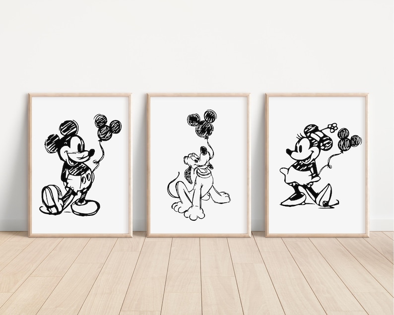 Mickey Mouse Prints, Disney Nursery Decor, Pluto Illustration, Minnie