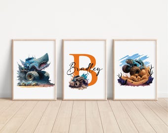 SET OF 3 Personalised Monster Truck Prints, Kids Bedroom Decor, Monster Truck Nursery Wall Art, Monster Truck Kids Room, Wall Art Print Gift