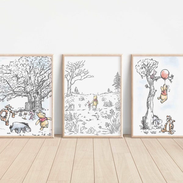 Juego de 3 impresiones de Winnie the Pooh, decoración de dormitorio de Eeyore Disney, arte de pared para guardería de Piglet, arte de impresión de regalo de tigre, Winnie the Pooh keep Sake