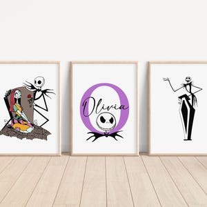 May include: Three printable wall art prints featuring characters from the Nightmare Before Christmas. The first print shows Jack Skellington and Sally. The second print shows Jack Skellington's head in a purple circle with the name Olivia. The third print shows Jack Skellington standing with his arms outstretched.