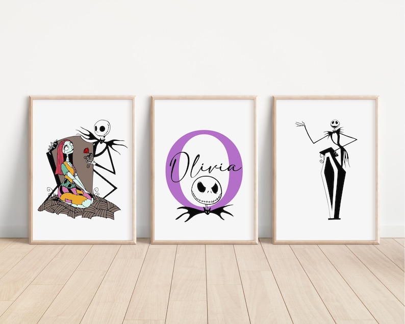 May include: Three printable wall art prints featuring characters from the Nightmare Before Christmas. The first print shows Jack Skellington and Sally. The second print shows Jack Skellington's head in a purple circle with the name Olivia. The third print shows Jack Skellington standing with his arms outstretched.