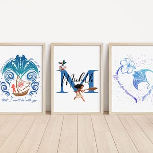 Juego de 3 impresiones personalizadas con citas de Moana, letras y nombres, decoración de dormitorio infantil de Disney, arte de pared Hei Hei para habitación infantil, regalos para niños de Maui Keepsake