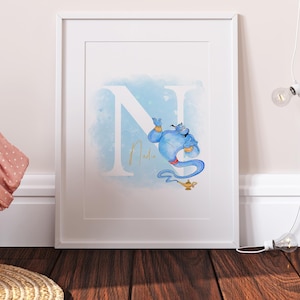 Impresión personalizada del nombre de la carta del genio de Aladdin, decoración del dormitorio del genio de Aladdin de Disney, arte impreso del nombre de la guardería de los niños Genie, regalo del póster del genio