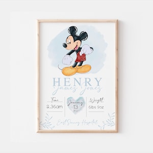 Impresión personalizada de nacimiento de Mickey Nouse Disney, decoración de la guardería de Mickey Mouse, impresión de arte de pared de Mickey, sake de la habitación para niños, regalos de Mickey Mouse