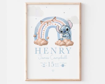 Láminas de nacimiento personalizadas de Stitch con arcoíris, decoración para la habitación de bebé de Lily y Stitch, lámina de arte mural de Stitch, regalos para recién nacidos, recuerdos de Stitch