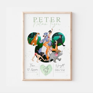 Impresión personalizada del nacimiento de Disney del libro de la selva, decoración de la guardería Mowgli, impresión de pared Baloo, habitación para niños Bagheera Keep Sake, regalos de Shere Khan
