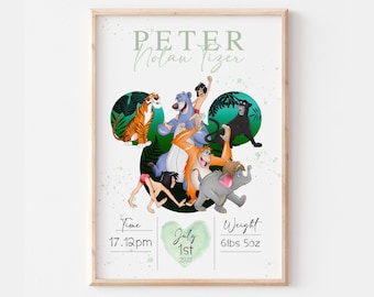 Personalised The Jungle Book Disney Birth Print, Mowgli Nursery Decor, Baloo wall Print, Bagheera Kids Room Keep Sake, Shere Khan Gifts