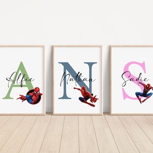 Impresiones de letras y nombres de Spider-Man personalizadas, decoración de dormitorio infantil de Disney, arte de pared de Spider-Man para habitación infantil, regalos de Spider-Man para niños