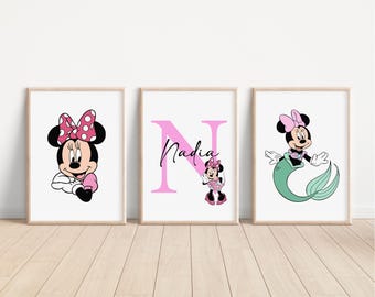 Juego de 3 láminas personalizadas de Minnie Mouse, decoración de dormitorio infantil de Disney, lámina de arte mural de Minnie, regalo de Minnie Mouse para niños.