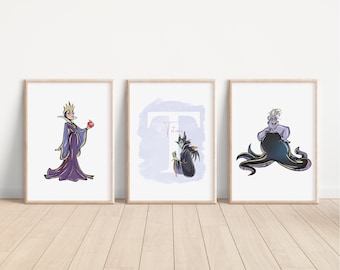 SET DE 3 Láminas personalizadas de villanos de Disney, decoración de Úrsula y Cruella, decoración de pared para habitación infantil de Maléfica, lámina de la Señora del Mal, regalo de Cruella