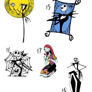 May include: Four different black and white illustrations of characters from the Nightmare Before Christmas movie. The first image shows Jack Skellington standing in front of a yellow moon. The second image shows Jack Skellington standing in a blue frame. The third image shows Jack Skellington standing in a spider web. The fourth image shows Jack Skellington standing next to a coffin.