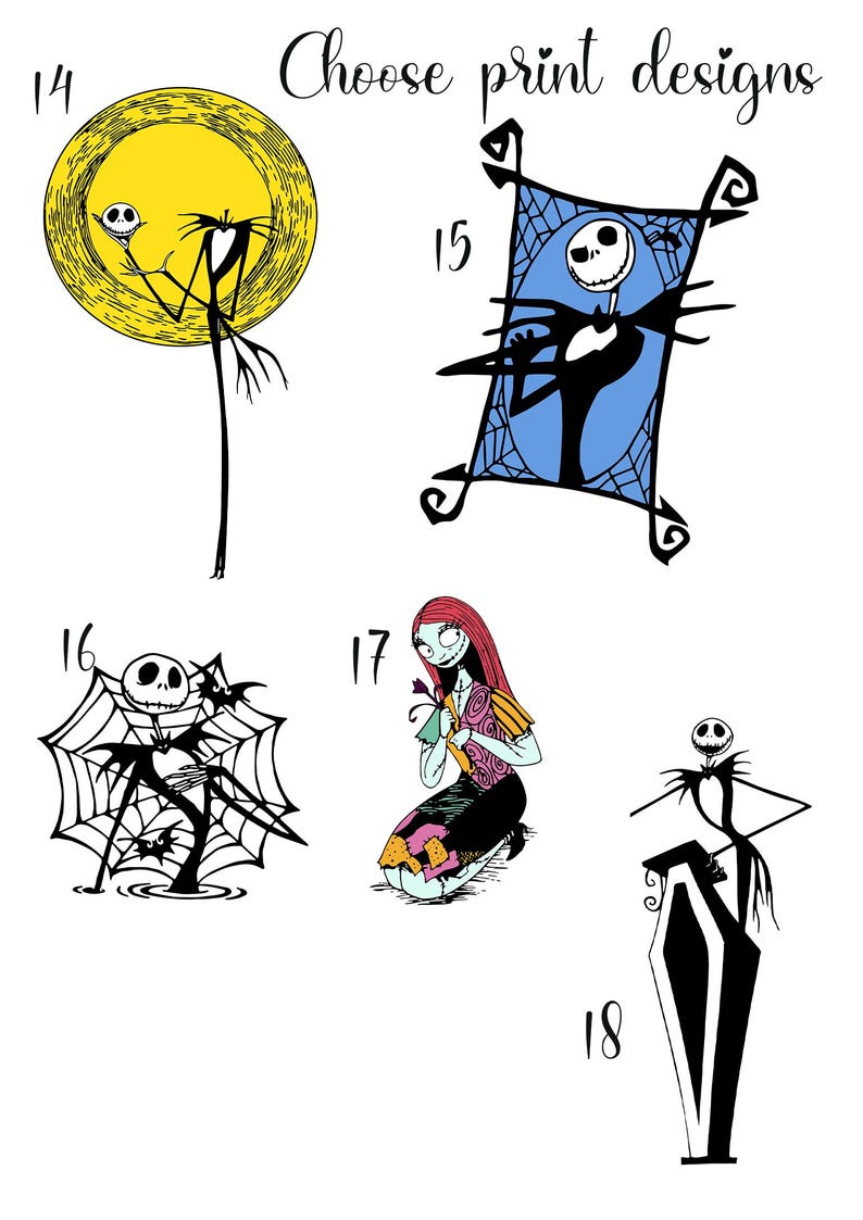 May include: Four different black and white illustrations of characters from the Nightmare Before Christmas movie. The first image shows Jack Skellington standing in front of a yellow moon. The second image shows Jack Skellington standing in a blue frame. The third image shows Jack Skellington standing in a spider web. The fourth image shows Jack Skellington standing next to a coffin.