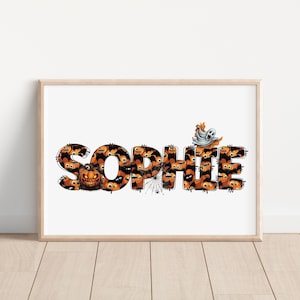 Impresión de nombre y letra de Halloween personalizada, decoración del hogar de Halloween, arte de pared de calabaza para guardería, recuerdo espeluznante de Halloween, regalo de truco o trato