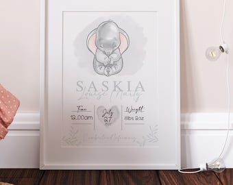 Personalised Dumbo Disney Birth Print, Dumbo Nursery Decor, Dumbo wall Print, Dumbo Kids Room Keep Sake, Dumbo Newborn Baby Birth Gift