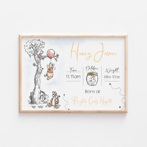 Lámina de nacimiento personalizada de Winnie The Pooh de Disney, decoración de guardería de Winnie The Pooh, lámina de pared de Piglet, recuerdo de habitación de Eeyore, regalos de Winnie Pooh