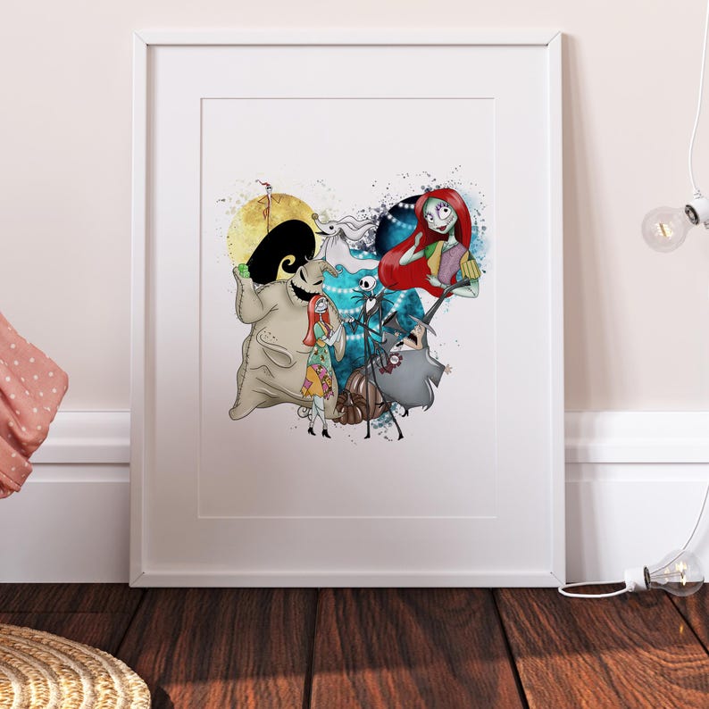 May include: A watercolour illustration of characters from the Nightmare Before Christmas film. The characters include Jack Skellington, Sally, Zero, and Oogie Boogie. The illustration is set against a blue and green background with white splashes of paint.