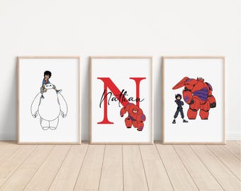 May include: Three printable wall art prints featuring the characters from the animated film Big Hero 6. The first print shows Hiro Hamada riding Baymax. The second print shows the letter N in red with the name Nathan written in black. The third print shows Hiro Hamada and Baymax standing side by side.