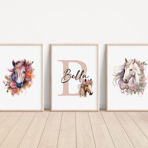 CONJUNTO DE 3 impresiones florales personalizadas de caballos, decoración de dormitorio de animales de granja, arte de pared para guardería de caballos, impresión de pared para habitación de niños, decoración de casa de granja