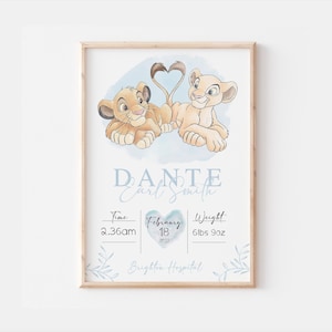Impresión personalizada del nacimiento del Rey León Simba y Nala Disney, decoración de la guardería de Simba Nala, ilustraciones del Rey León, impresión de arte de pared, regalo de gala de Simba