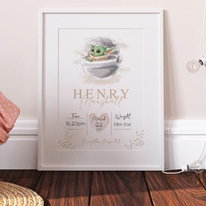 Día personalizado en que naciste bebé Yoda Disney Impresión de nacimiento, decoración de la guardería del bebé de Star Wars, arte del bebé Yoda, regalos para bebés recién nacidos