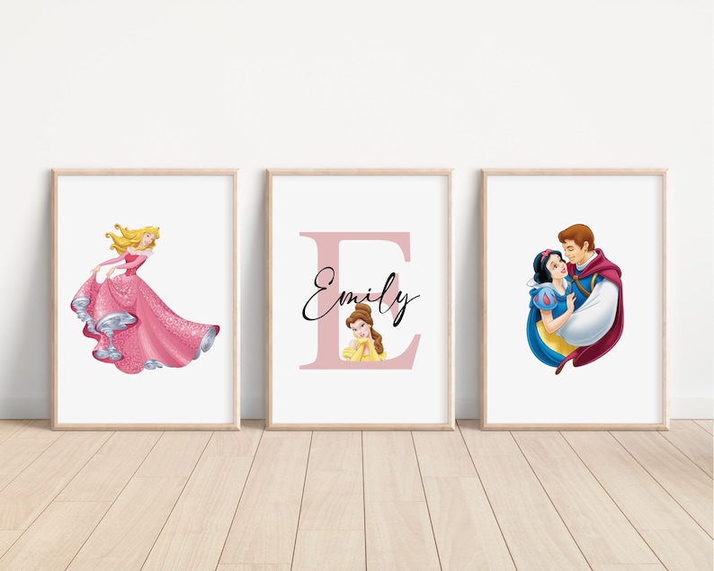 SET OF 3 Personalised Princess Prints, Disney Bedroom Decor, Kids
