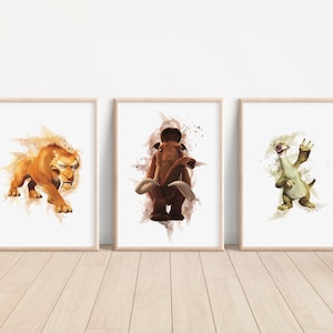 Aquarell Disney Eiszeit Poster, Disney Sid T-Rex Schlafzimmer Dekor, Manny Kinderzimmer Wandkunst, Buck Poster, Diego Scrat Wandkunst, Eiszeit Drucke